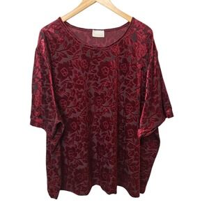 Roamans Womens 3X Pullover Burnout Velour Top Boxy Holiday Stretch Deep Wine